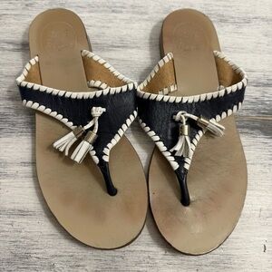 Jack Rogers Alana Thong Sandals Womens Sz 6M Navy Leather Tassel Whipstitch
